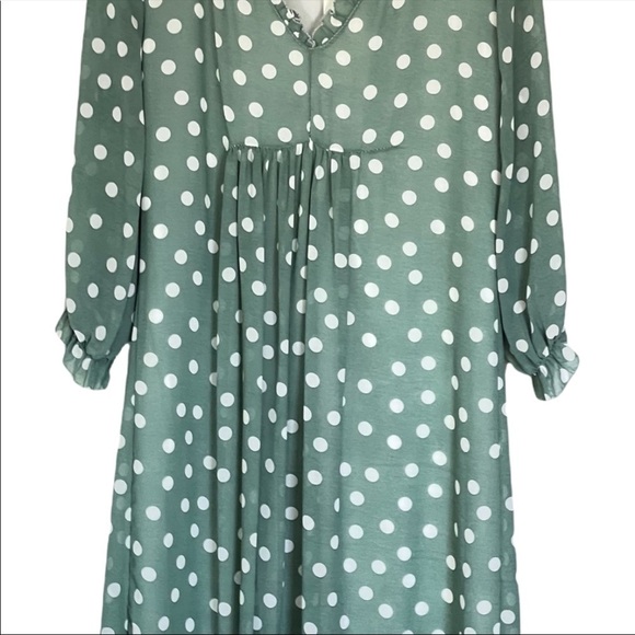 Cloe Italy Green Cream Polka Dot Chiffon Babydoll Ankle Dress NWT Mini - Picture 4 of 5